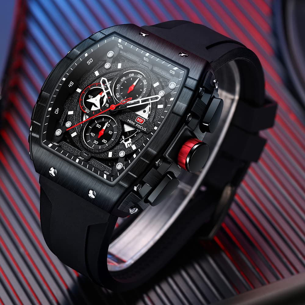 Mini Focus Men's Quartz Skeleton Chronograph Watch – Black Silicone Strap