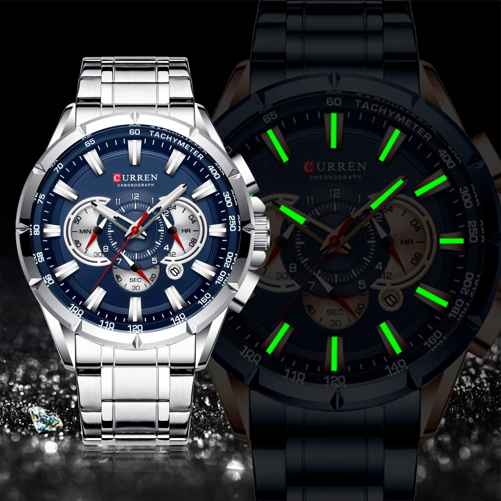 CURREN Men's Quartz Watch with Three Sub-Dials - Blue & Silver