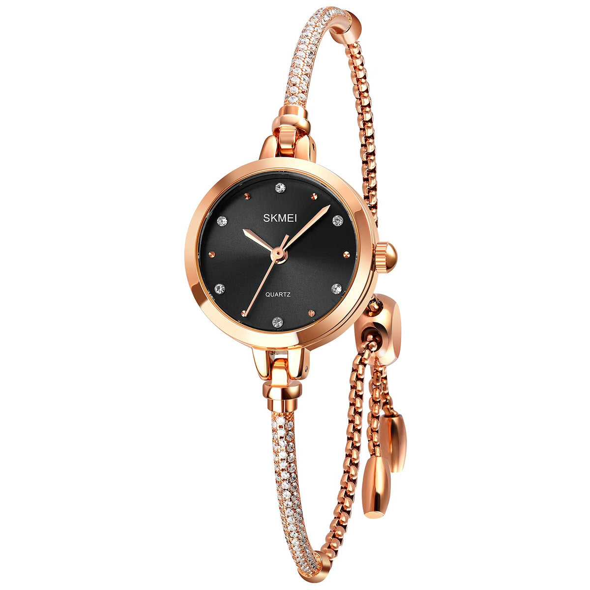 SKMEI Women's Slim Rose Gold Quartz Watch - Black Strap