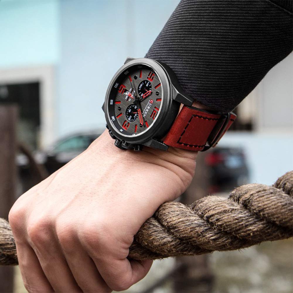 CURREN Men's Quartz Chronograph Watch – Black Dial and Red Leather Strap