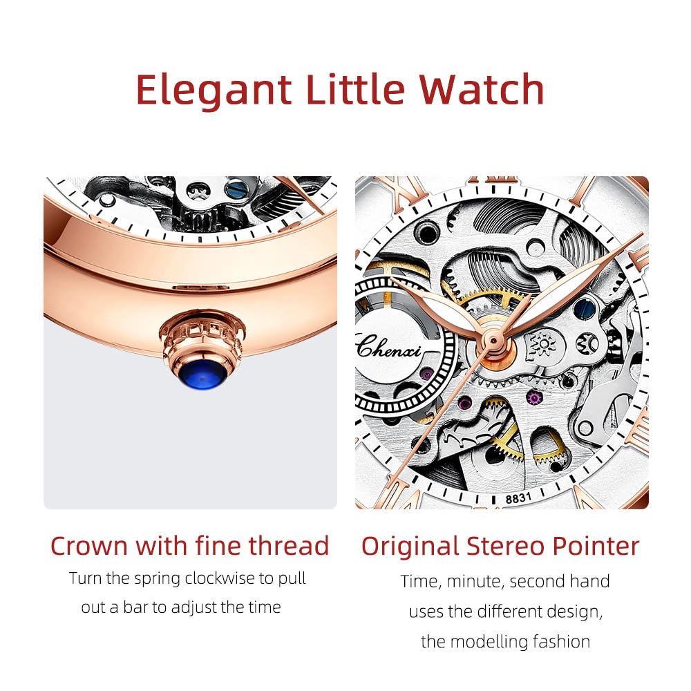 CHENXI Women's Automatic Skeleton Watch – White Dial and Leather Strap