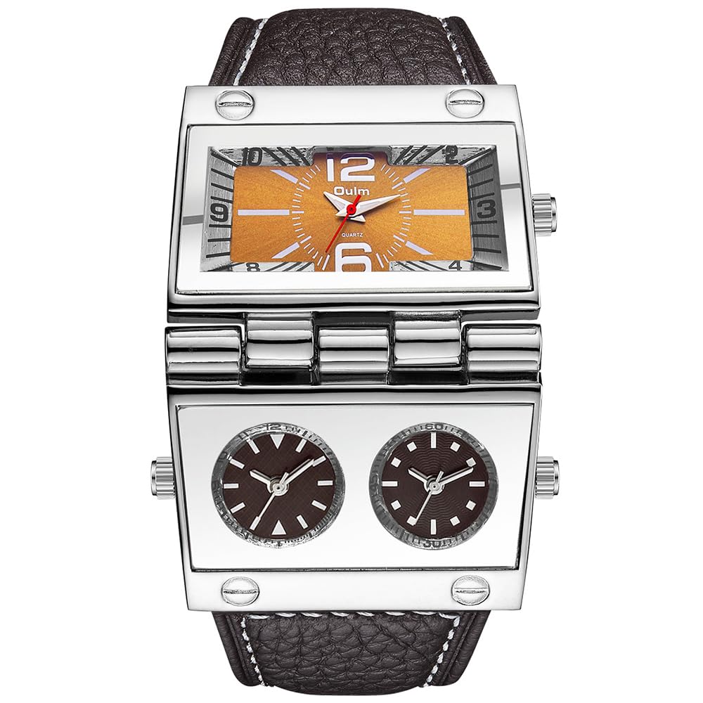 OULM 9525 Men's Quartz Triple Time-Zone Watch – Brown Leather Strap