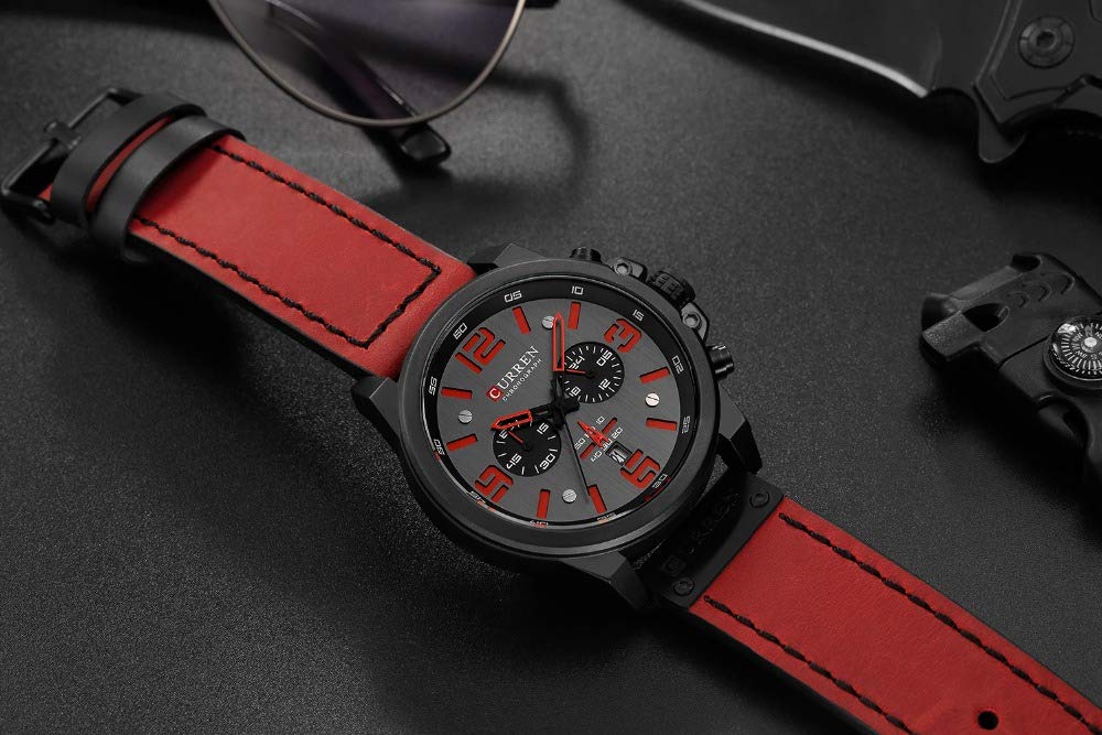 CURREN Men's Quartz Chronograph Watch – Black Dial and Red Leather Strap