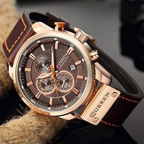 CURREN Men's Quartz Chronograph Watch – Gold-Brown Dial and Leather Strap