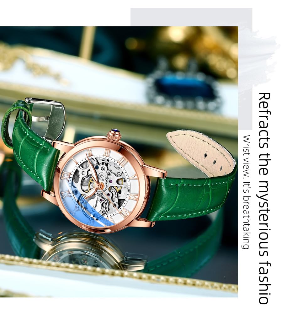 CHENXI Women's Automatic Skeleton Watch – White Dial and Leather Strap