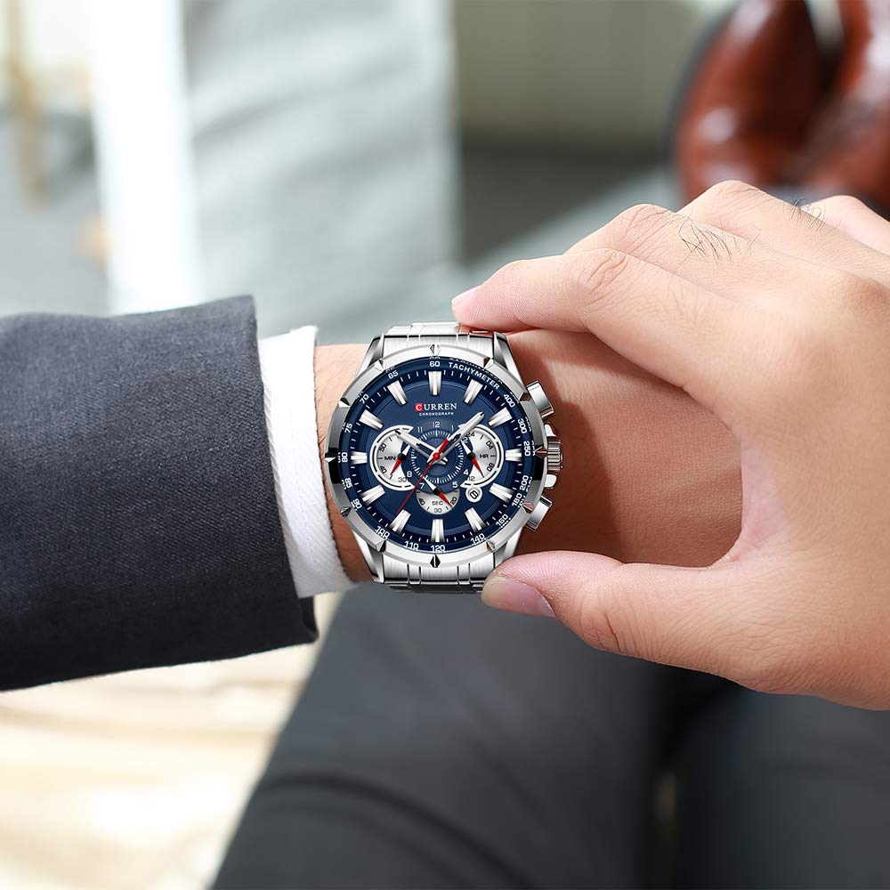 CURREN Men's Quartz Watch with Three Sub-Dials - Blue & Silver