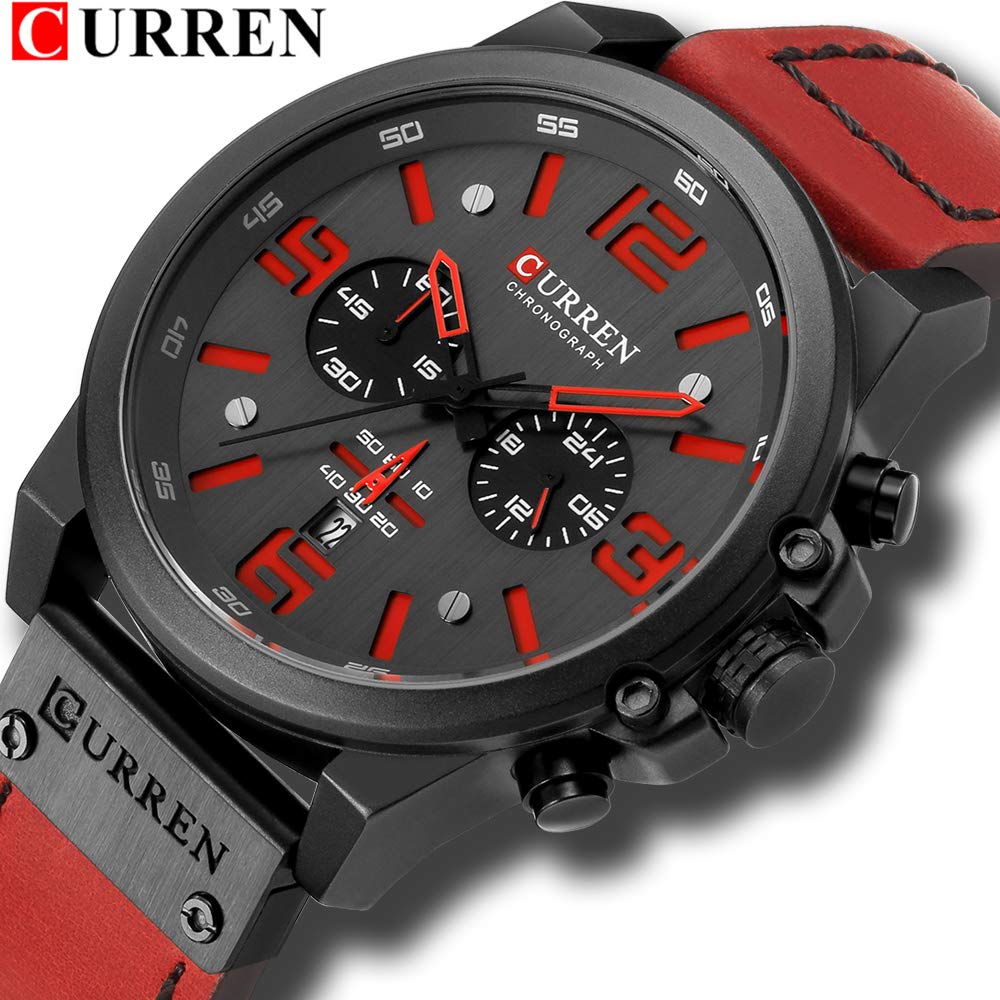 CURREN Men's Quartz Chronograph Watch – Black Dial and Red Leather Strap