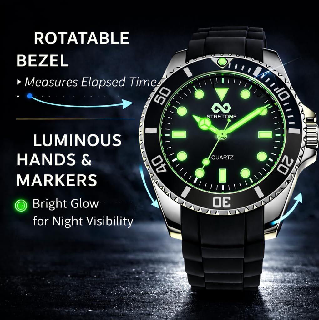 Stretone Men's Japanese Quartz Diver-Style Watch – Black Silicone Strap