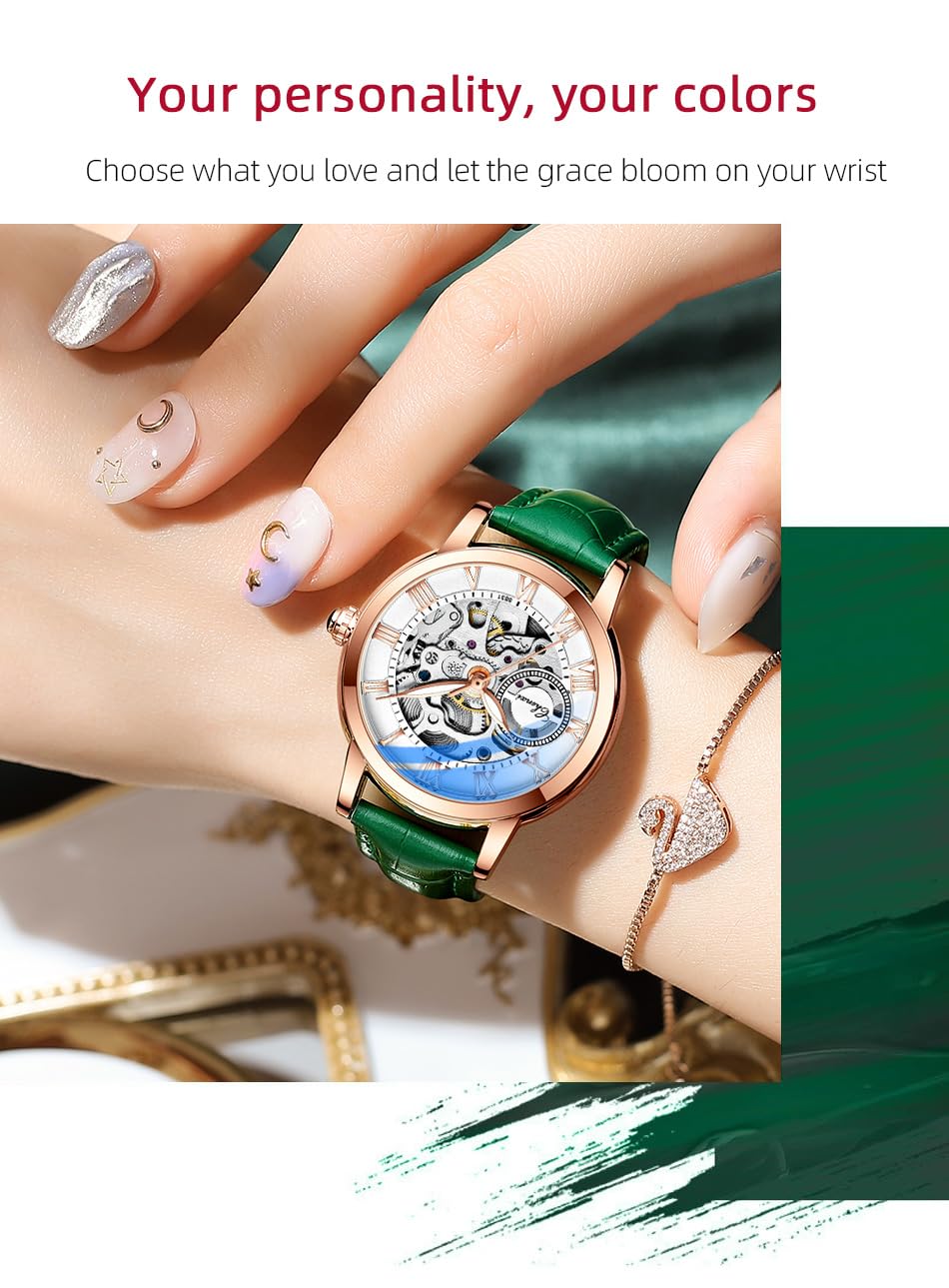 CHENXI Women's Automatic Skeleton Watch – White Dial and Leather Strap