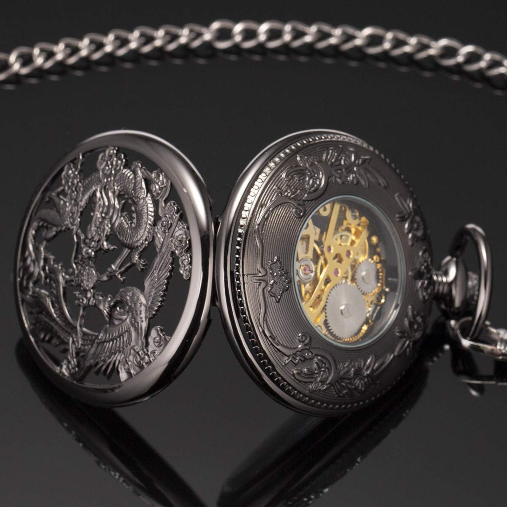 Dragon & Phoenix Unisex Manual-Wind Skeleton Pocket Watch – Black