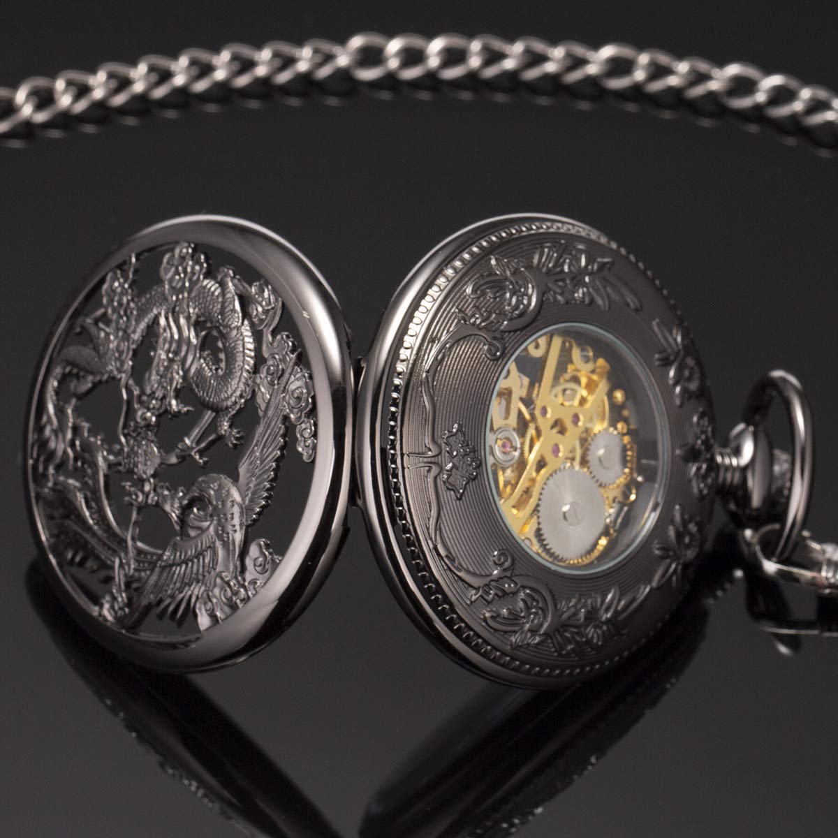 Dragon & Phoenix Unisex Manual-Wind Skeleton Pocket Watch – Black