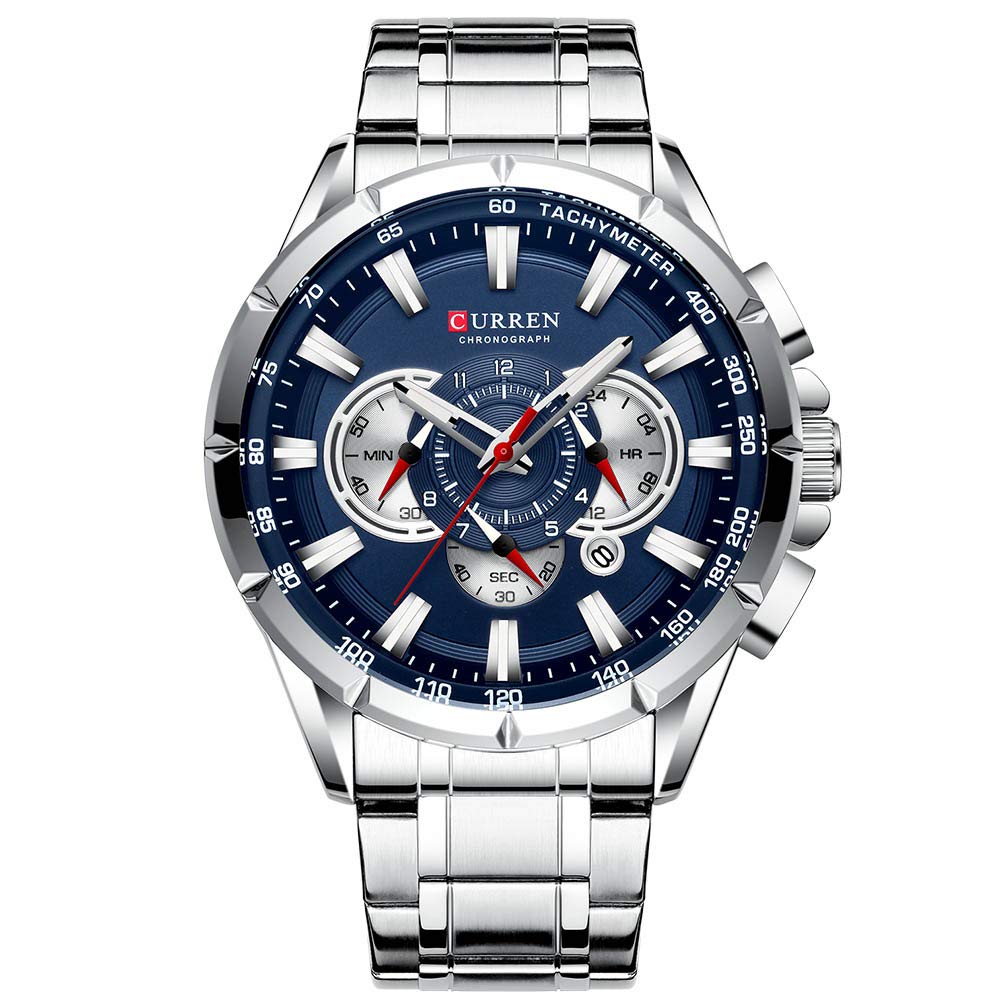 CURREN Men's Quartz Watch with Three Sub-Dials - Blue & Silver