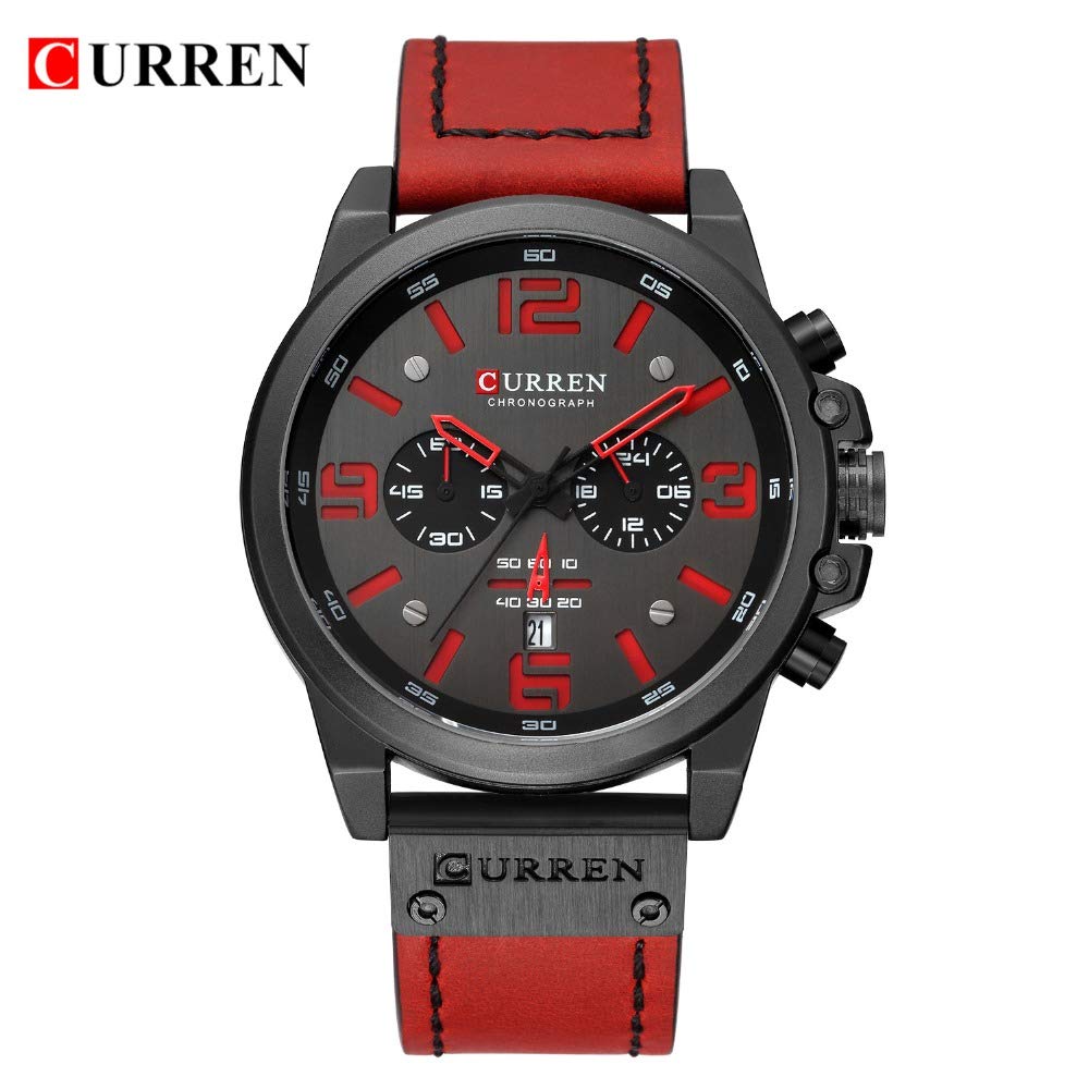 CURREN Men's Quartz Chronograph Watch – Black Dial and Red Leather Strap