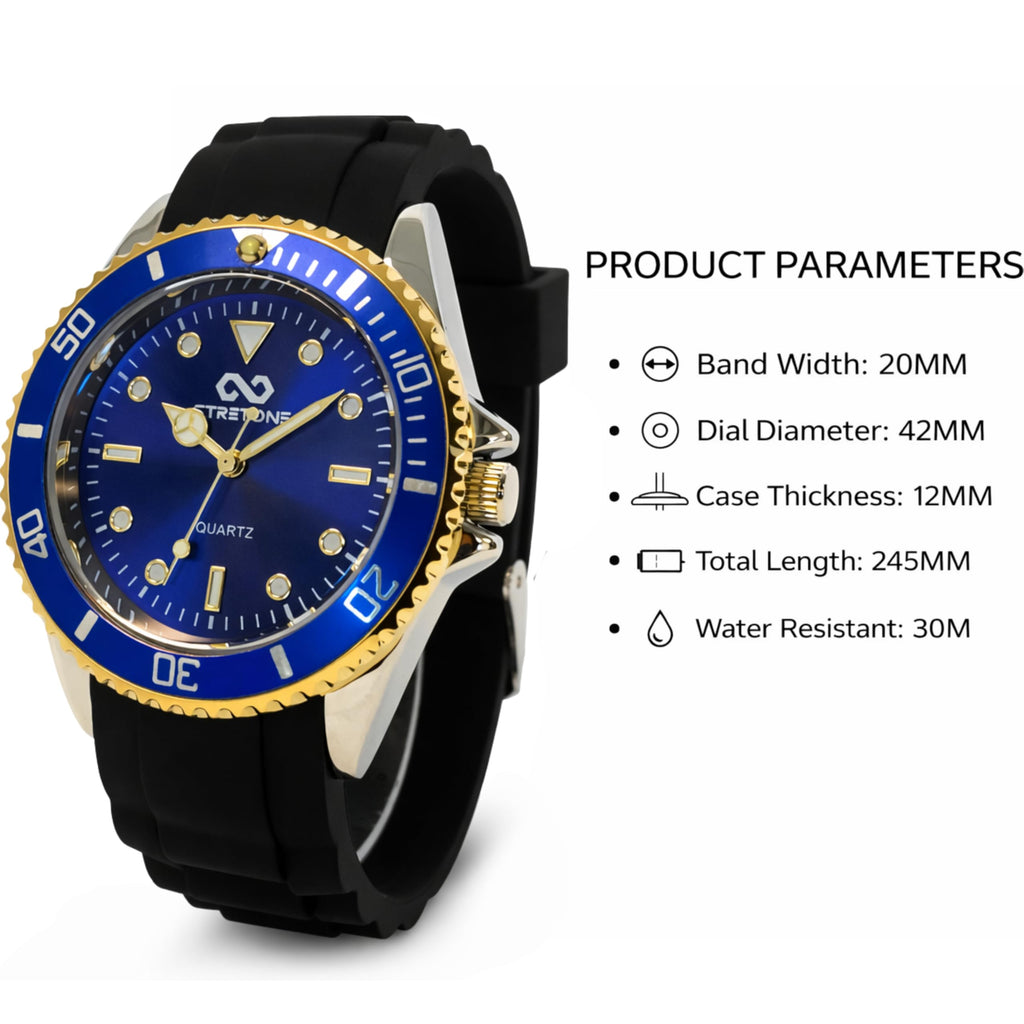 Stretone Men's Japanese Quartz Diver-Style Watch – Black Silicone Strap