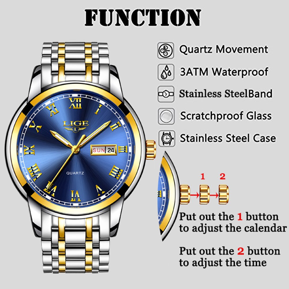 LIGE Men's Stainless Steel Quartz Dress Watch – Blue Dial