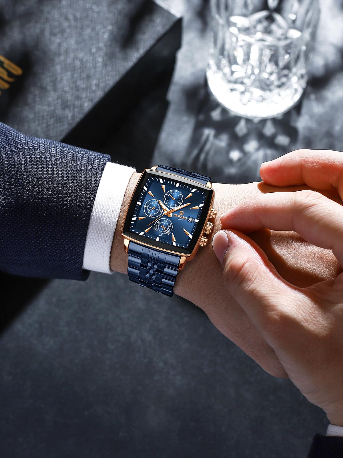 REWARD Men's Square Quartz Chronograph Watch – Blue Stainless Steel