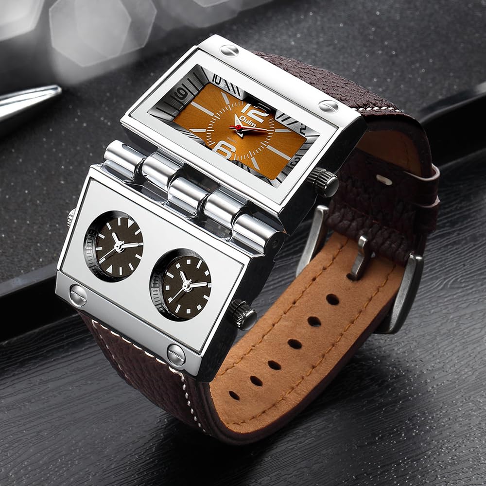 OULM 9525 Men's Quartz Triple Time-Zone Watch – Brown Leather Strap