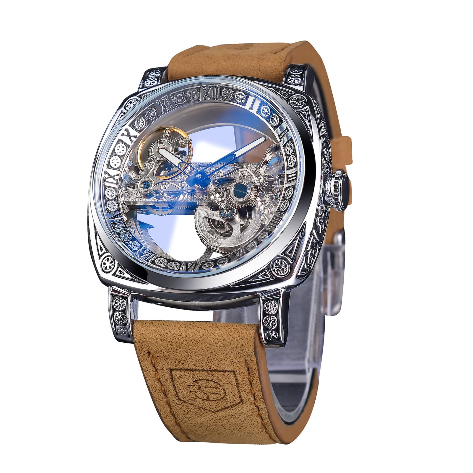 FORSINING Men's Automatic Skeleton Watch – Square Gold Dial