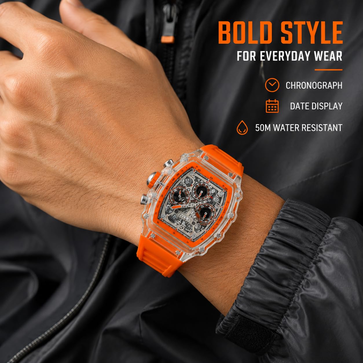 SKMEI Men's Tonneau Skeleton Quartz Chronograph Watch – Silicone Strap