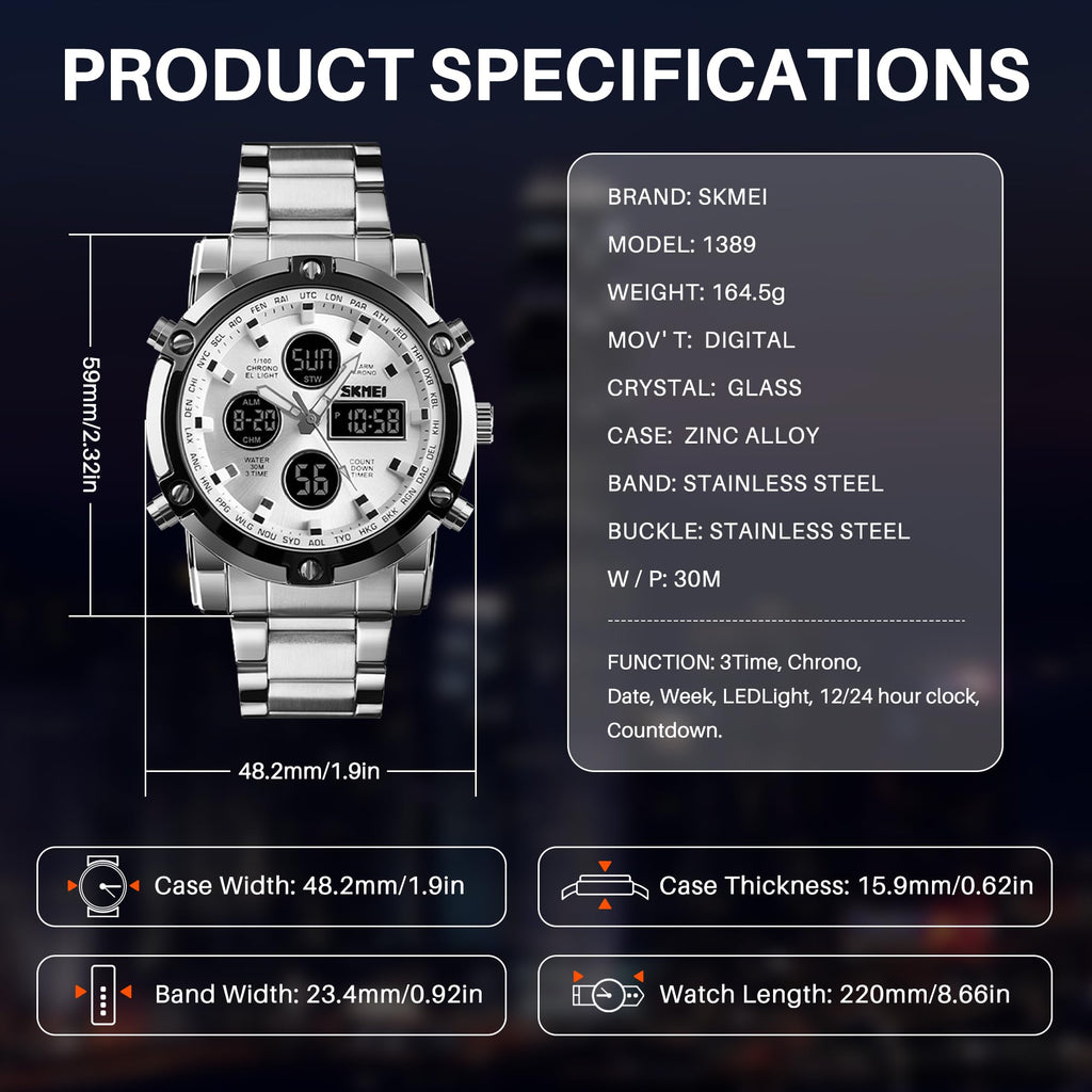 SKMEI Men's Analogue-Digital Quartz Watch – Stainless Steel Bracelet