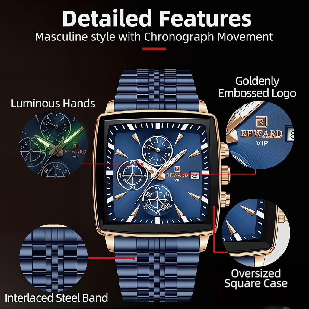 REWARD Men's Square Quartz Chronograph Watch – Blue Stainless Steel