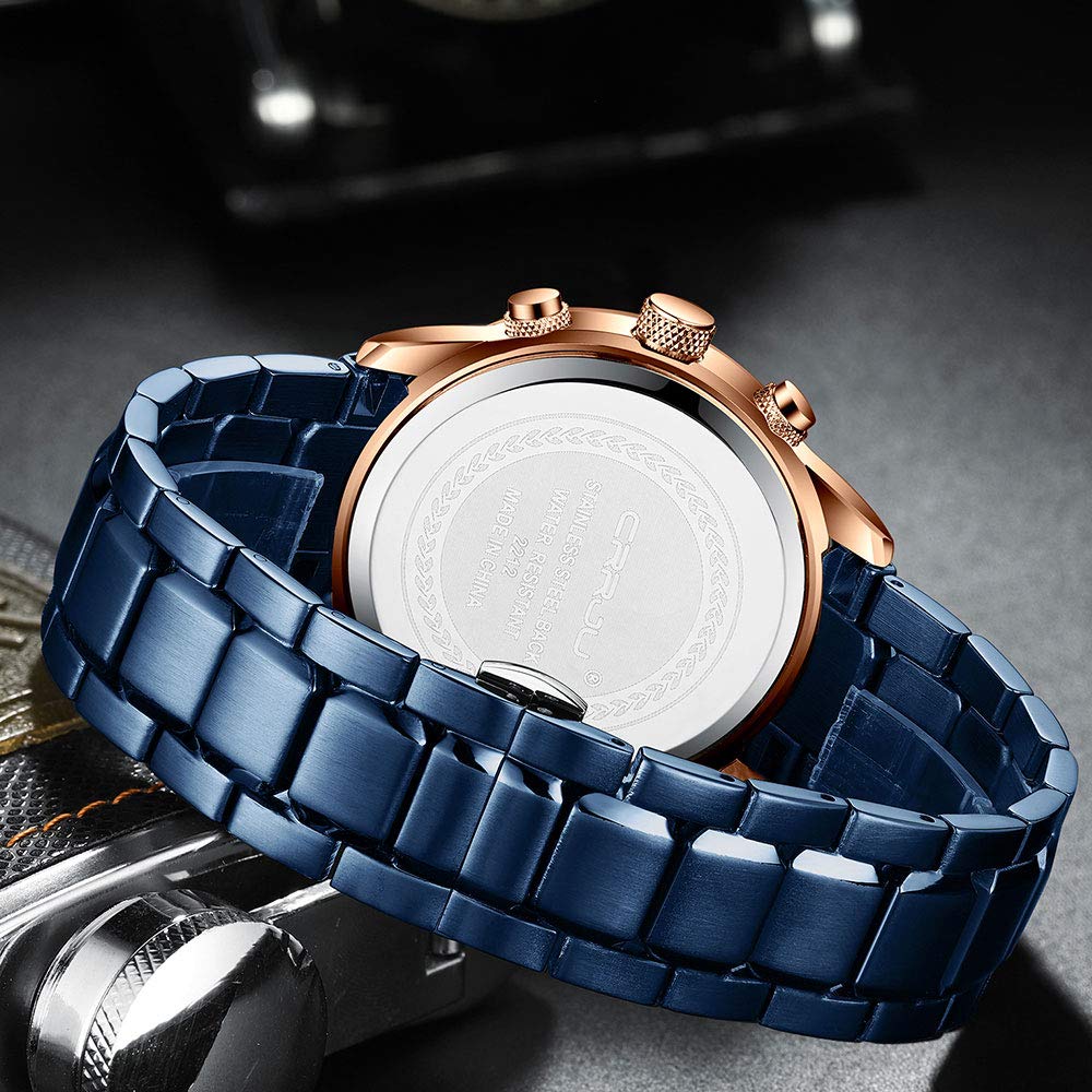 CRRJU Men's Quartz Chronograph Watch – Blue Dial and Bracelet