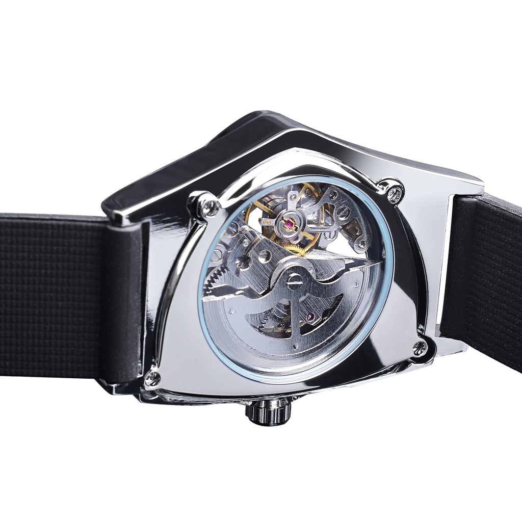 FORSINING Men's Automatic Skeleton Watch – Triangular Dial and Black Silicone Strap