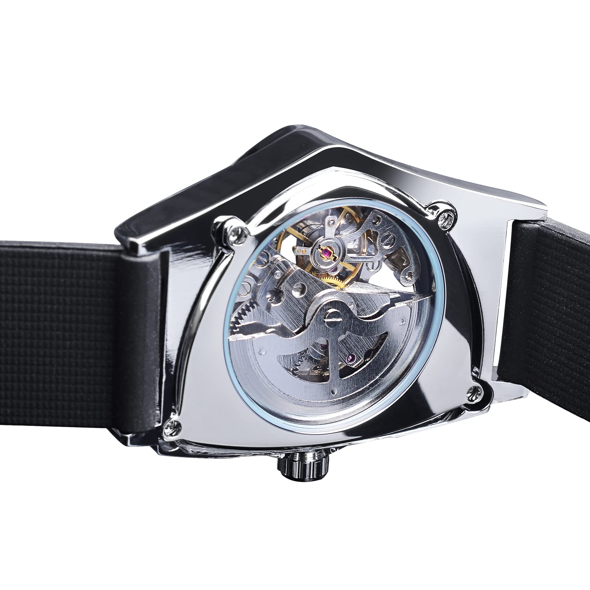 FORSINING Men's Automatic Skeleton Watch – Triangular Dial and Black Silicone Strap