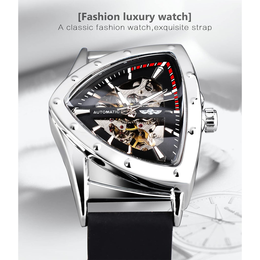 FORSINING Men's Automatic Skeleton Watch – Triangular Dial and Black Silicone Strap