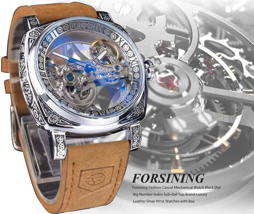 FORSINING Men's Automatic Skeleton Watch – Square Gold Dial