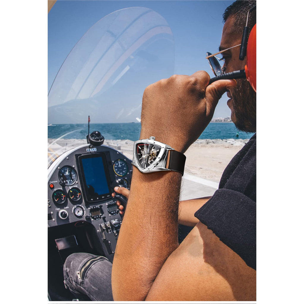 FORSINING Men's Automatic Skeleton Watch – Triangular Dial and Black Silicone Strap