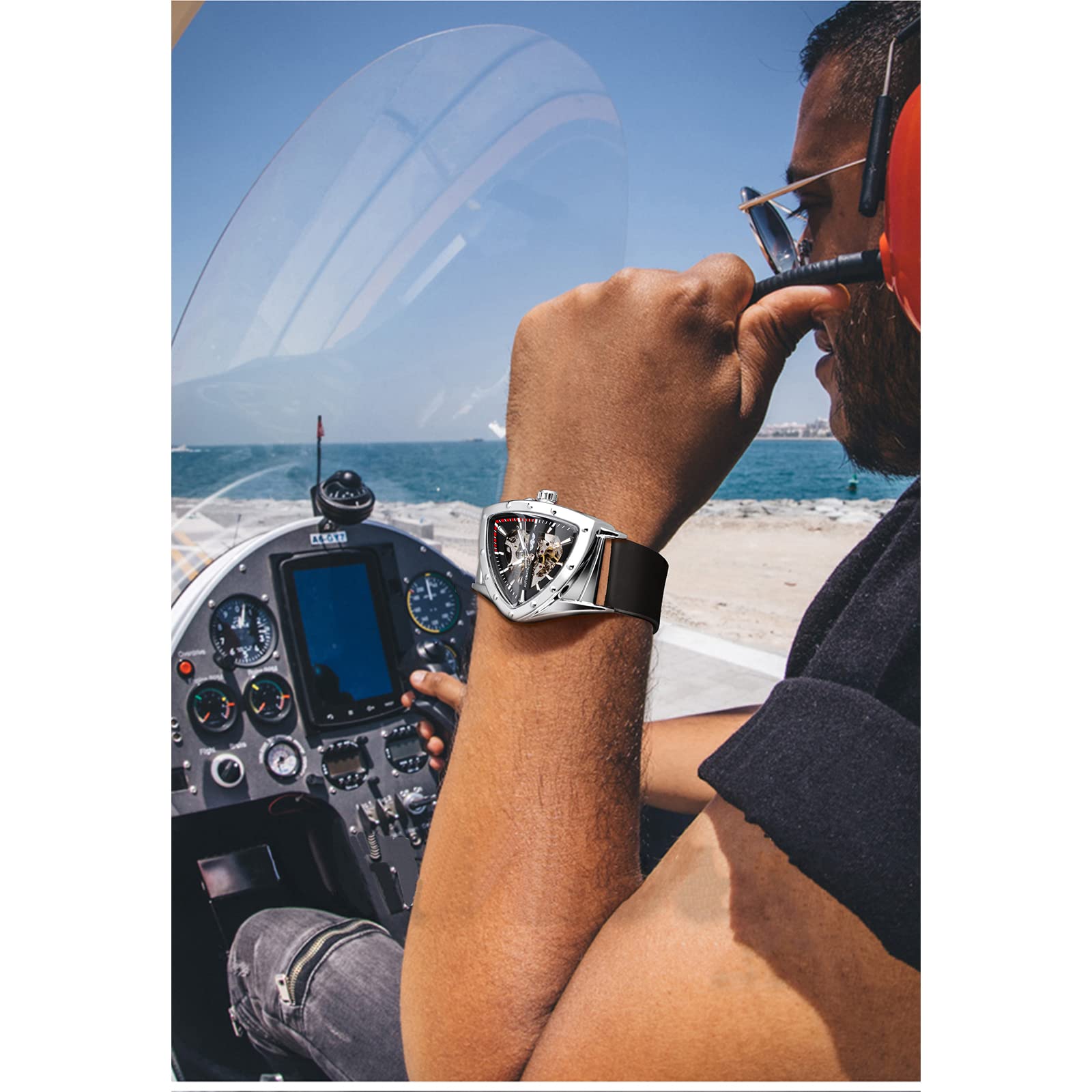 FORSINING Men's Automatic Skeleton Watch – Triangular Dial and Black Silicone Strap