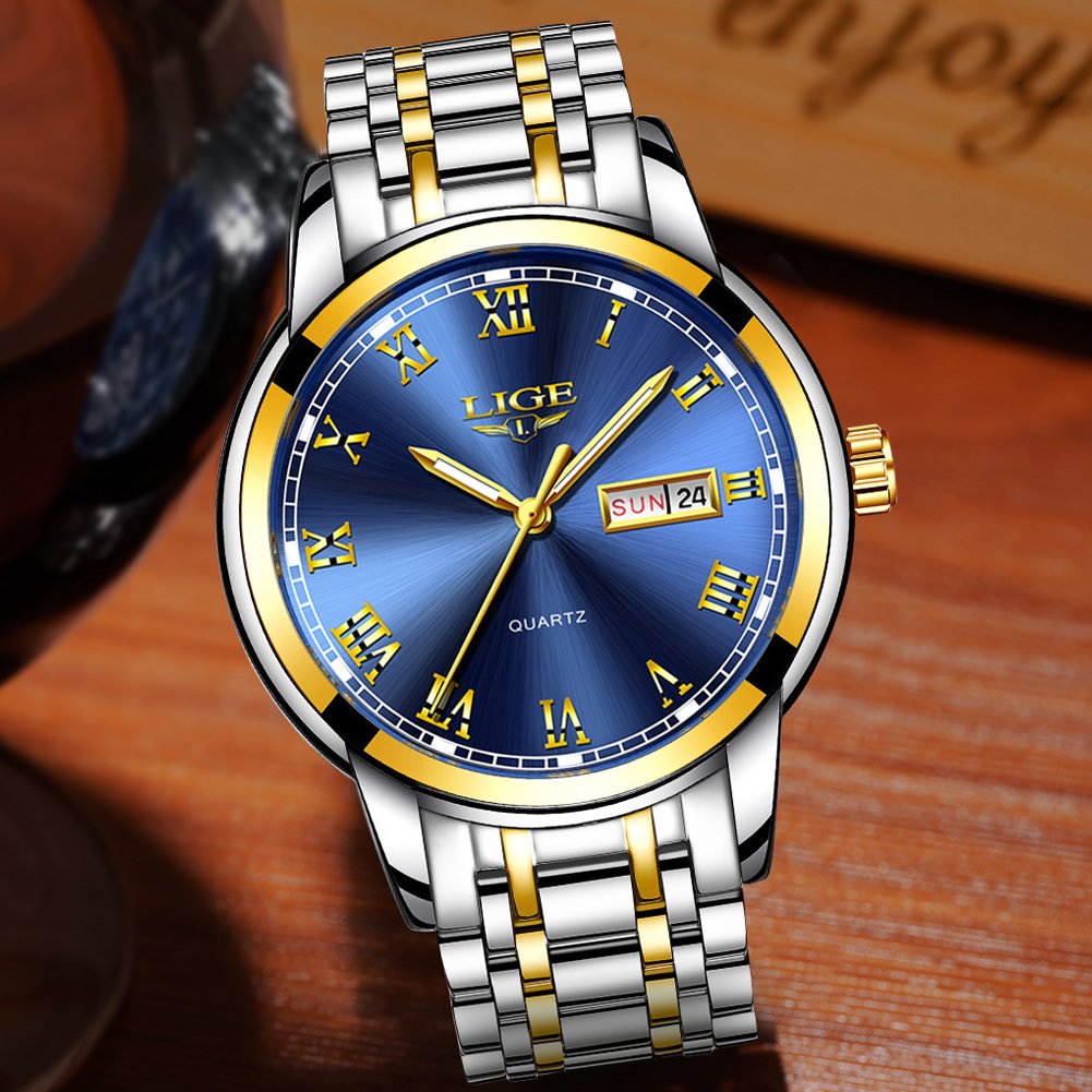 LIGE Men's Stainless Steel Quartz Dress Watch – Blue Dial
