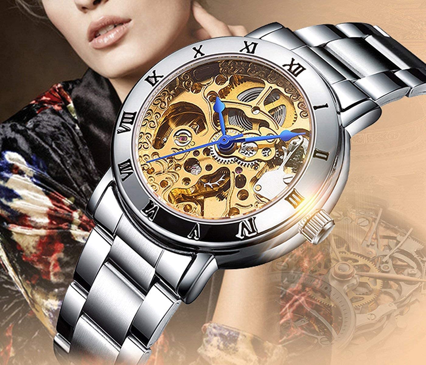 FORSINING Women's Automatic Skeleton Watch – Silver Bracelet