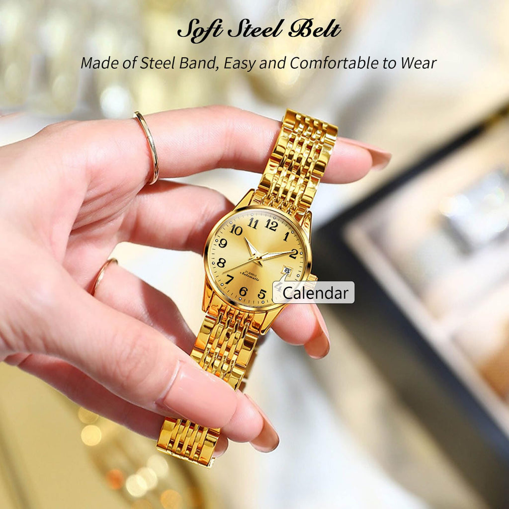 OLEVS Women's Automatic Watch – Gold Dial and Stainless Steel Bracelet