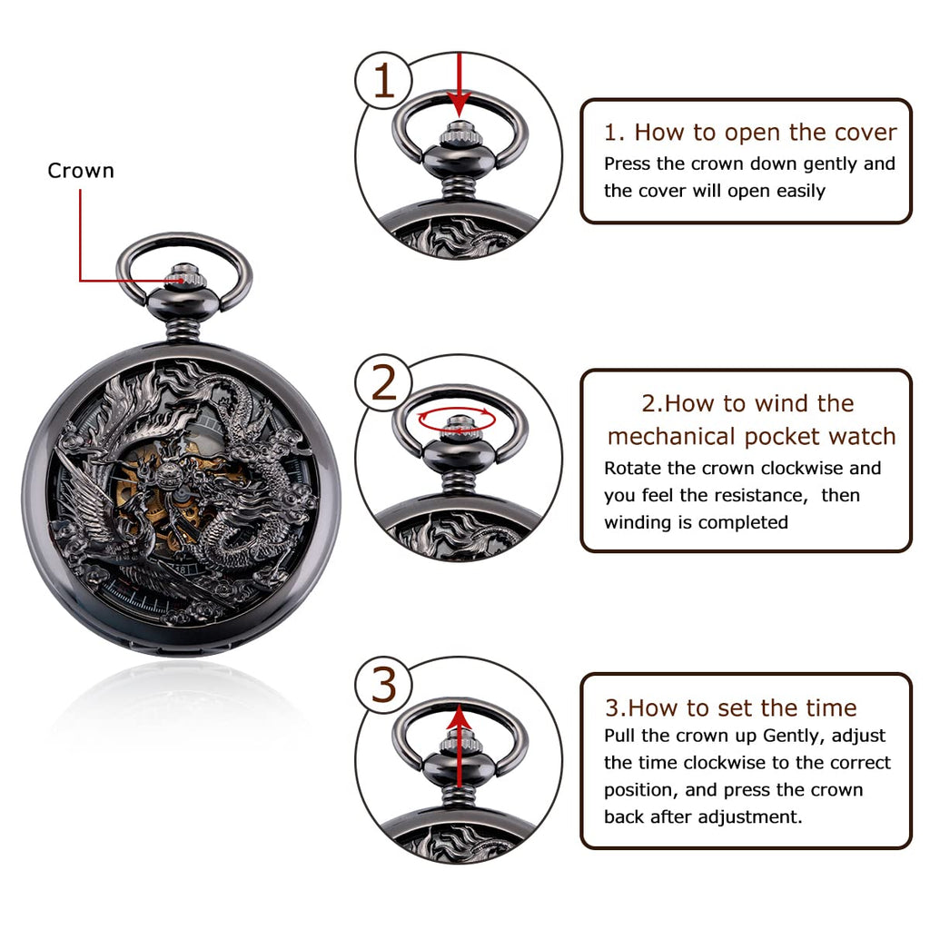 Dragon & Phoenix Unisex Manual-Wind Skeleton Pocket Watch – Black