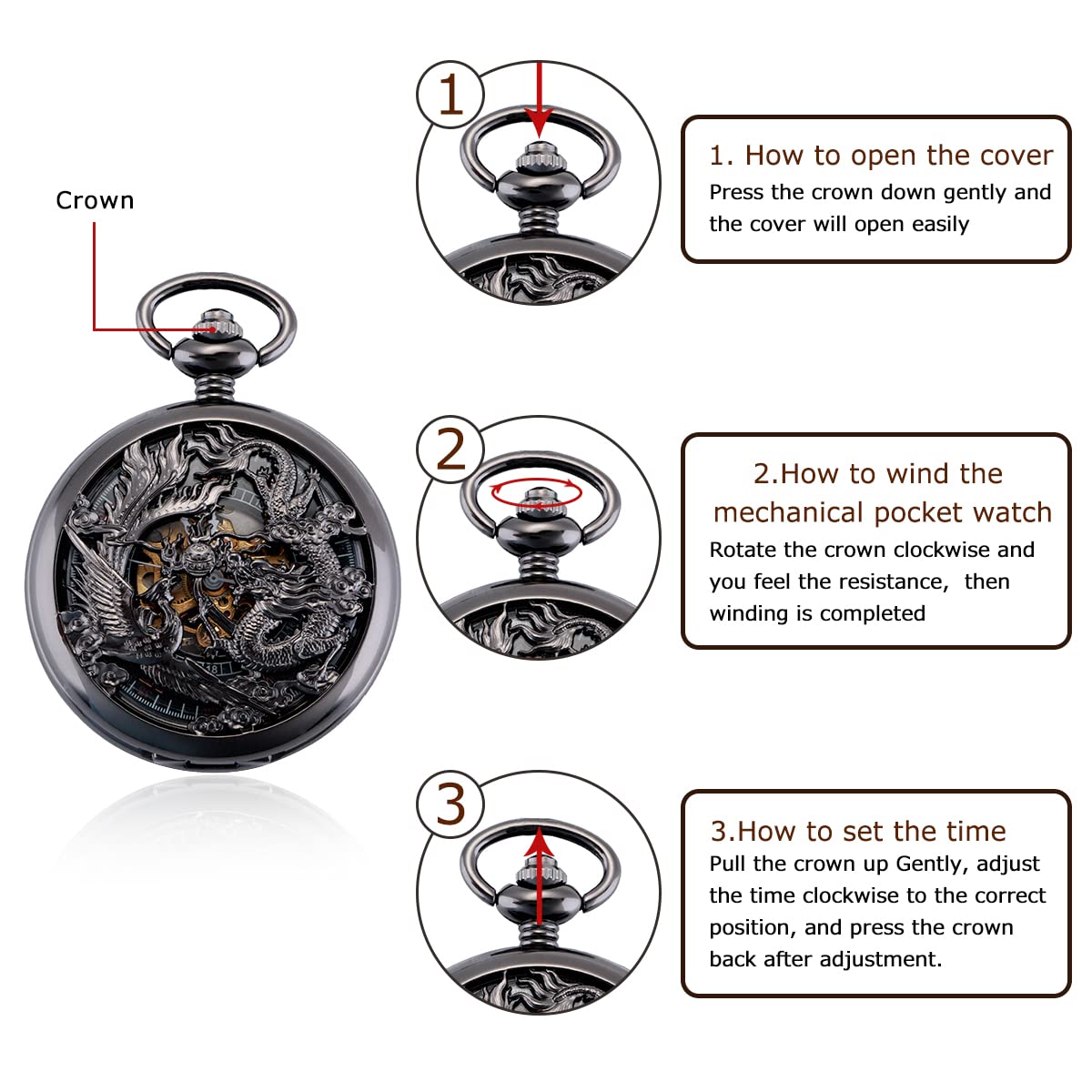 Dragon & Phoenix Unisex Manual-Wind Skeleton Pocket Watch – Black