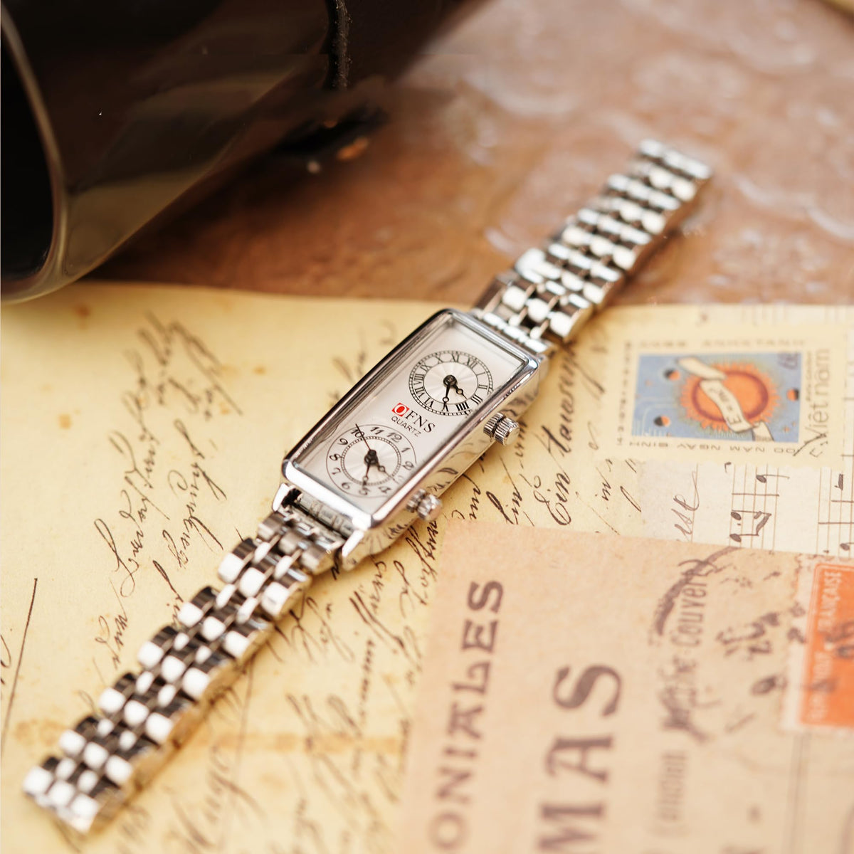Women's Rectangular Dual-Time Quartz Watch