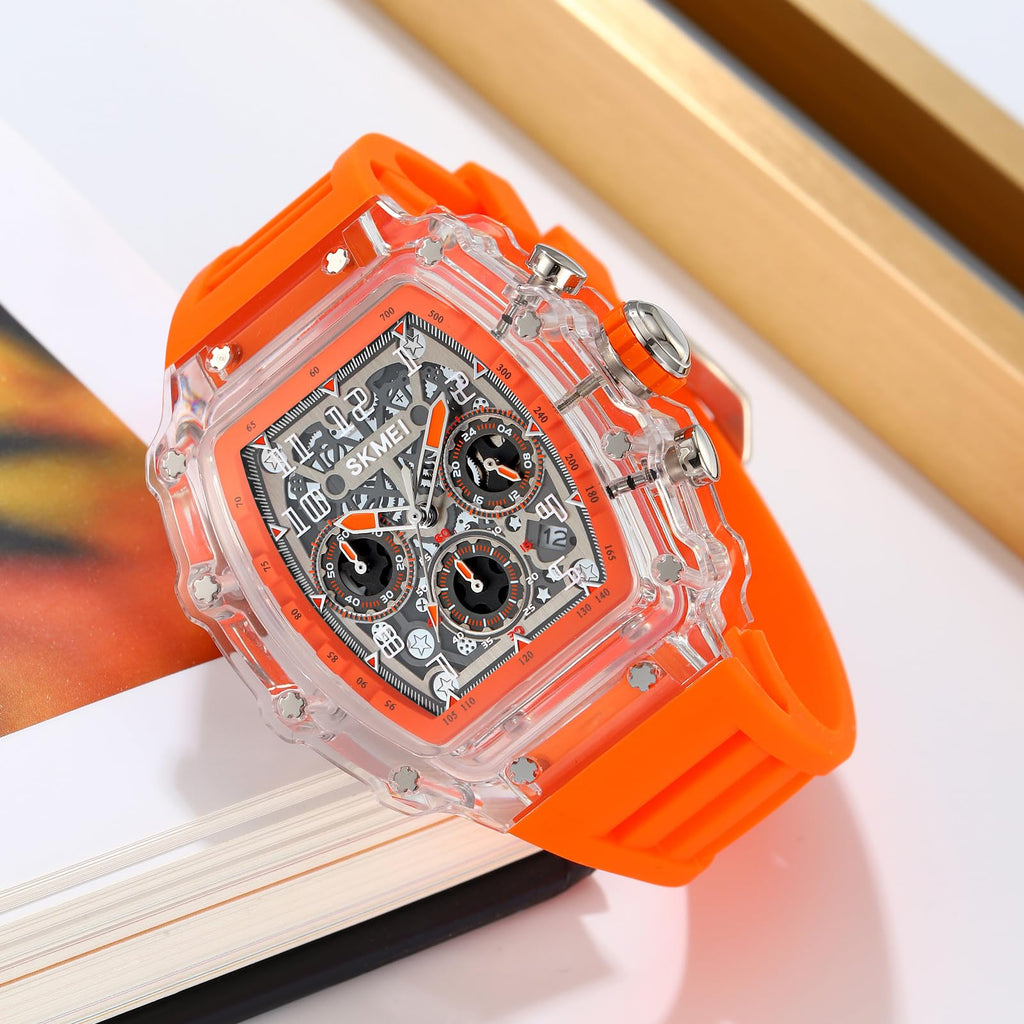 SKMEI Men's Tonneau Skeleton Quartz Chronograph Watch – Silicone Strap