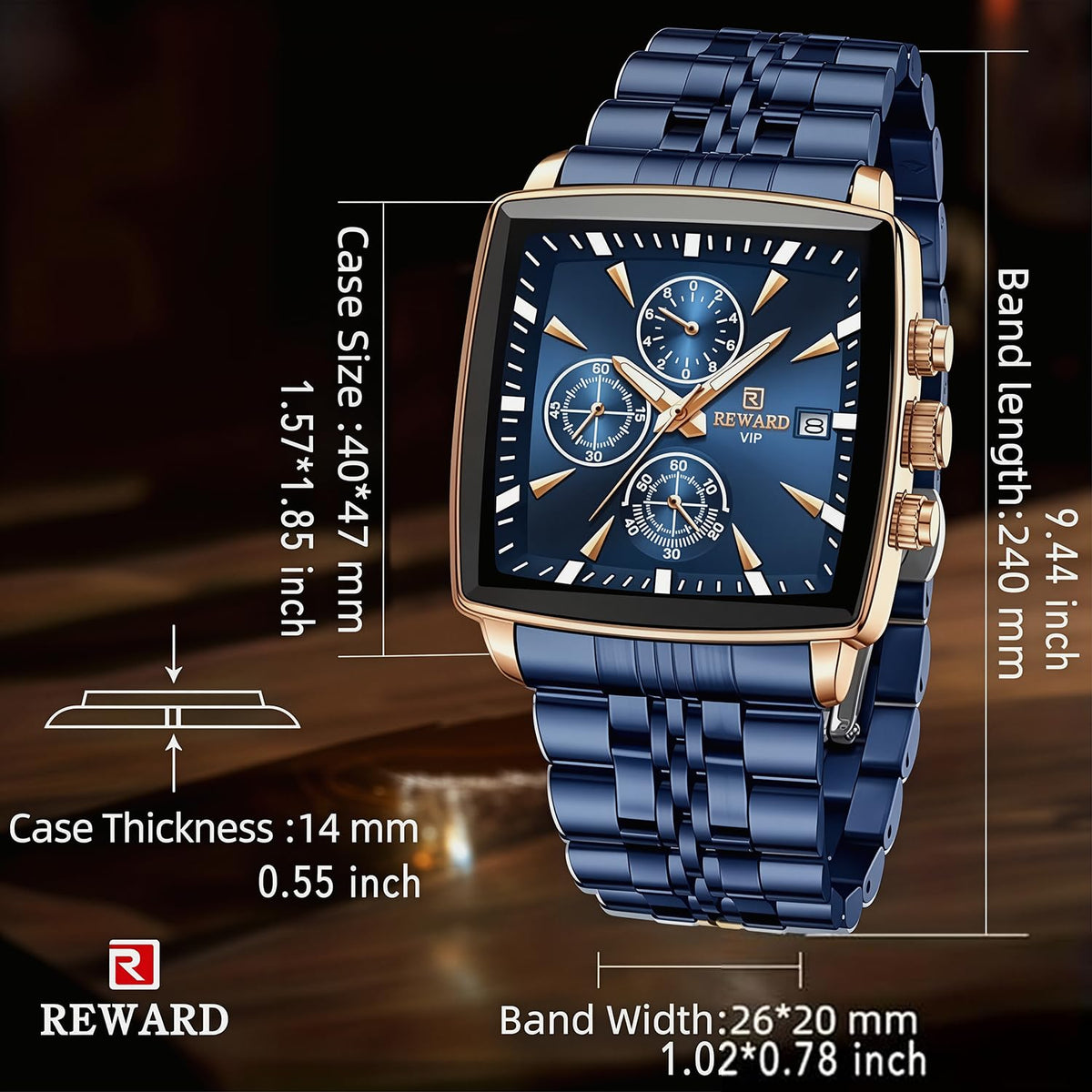 REWARD Men's Square Quartz Chronograph Watch – Blue Stainless Steel