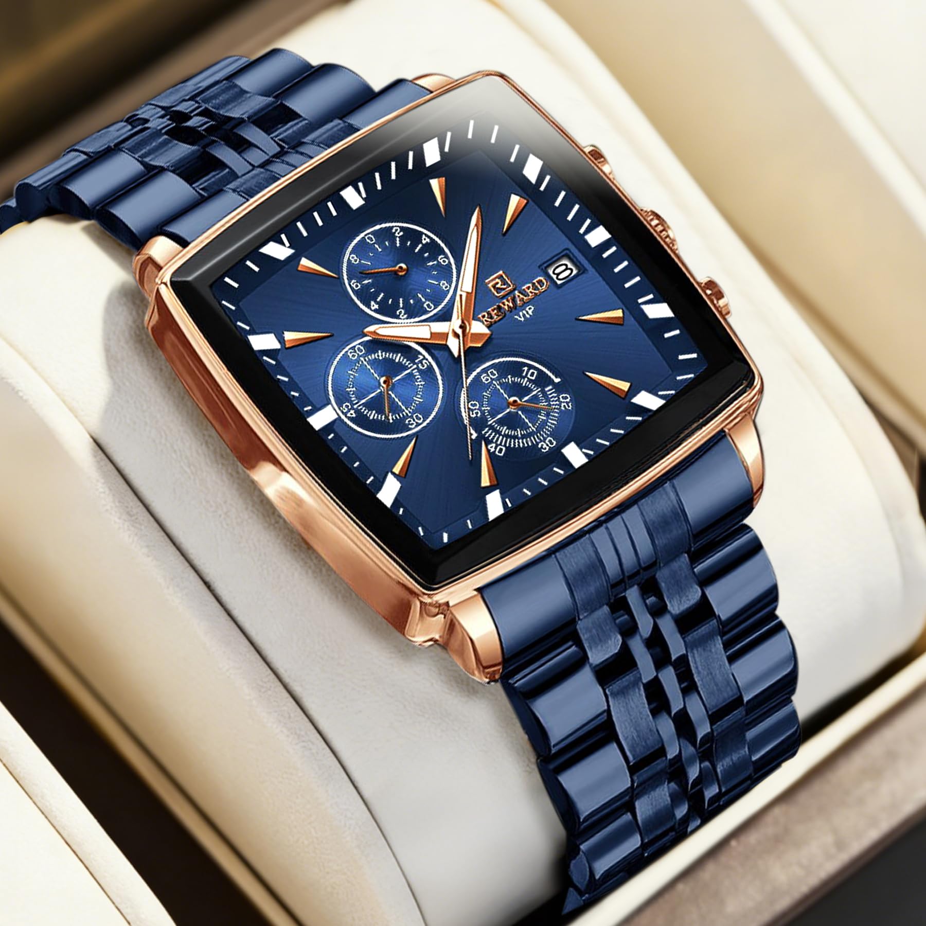 REWARD Men's Square Quartz Chronograph Watch – Blue Stainless Steel