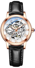 CHENXI Women's Automatic Skeleton Watch – White Dial and Leather Strap