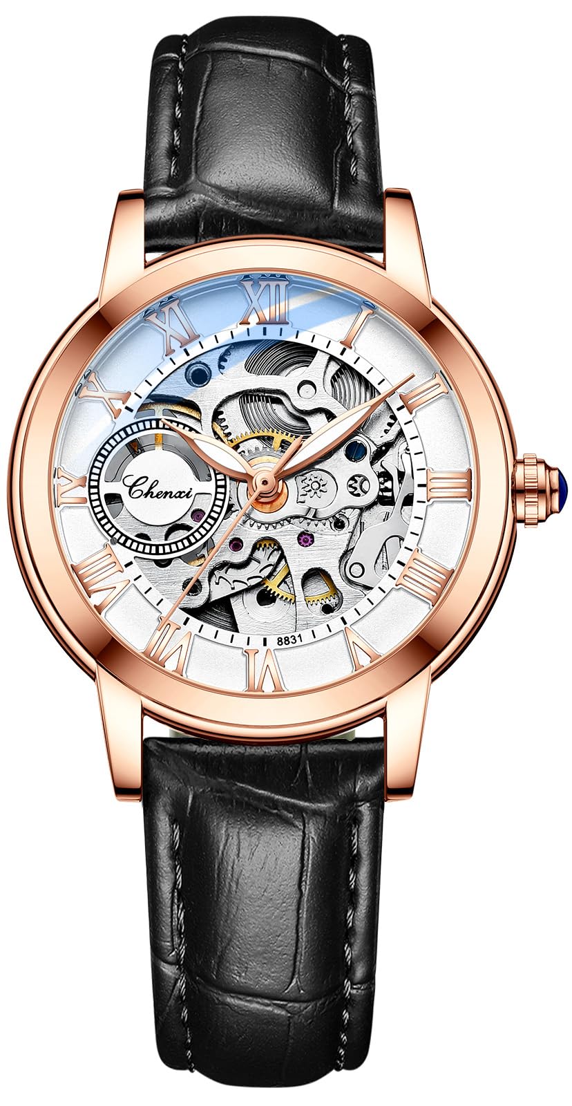 CHENXI Women's Automatic Skeleton Watch – White Dial and Leather Strap