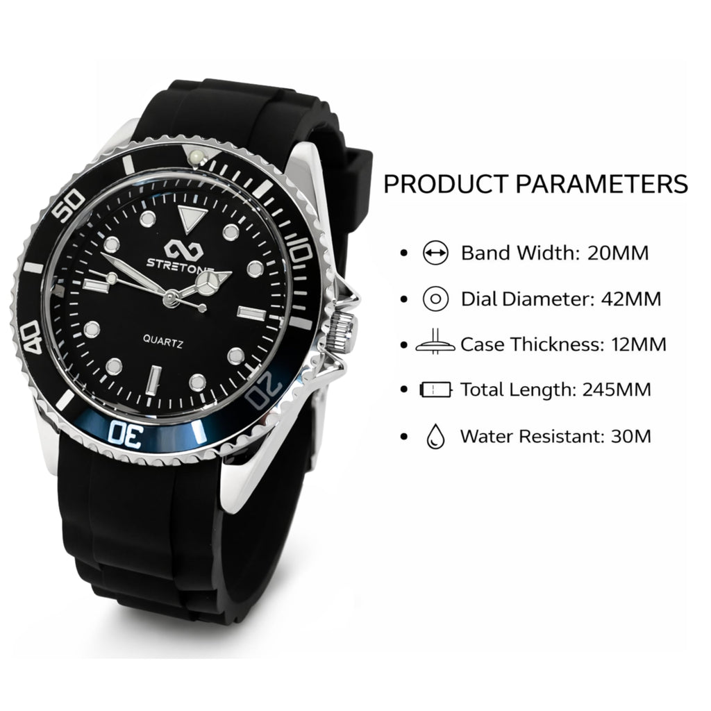 Stretone Men's Japanese Quartz Diver-Style Watch – Black Silicone Strap