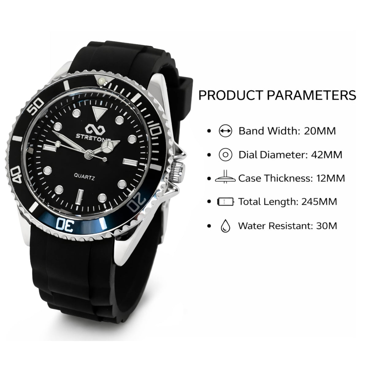 Stretone Men's Japanese Quartz Diver-Style Watch – Black Silicone Strap