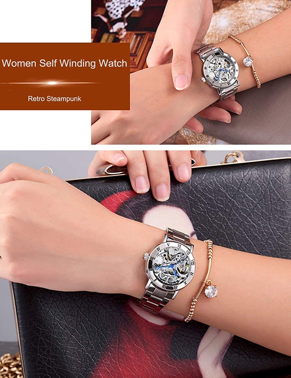 FORSINING Women's Automatic Skeleton Watch – Silver Bracelet
