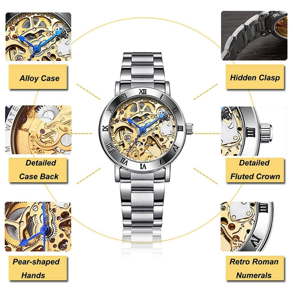 FORSINING Women's Automatic Skeleton Watch – Silver Bracelet