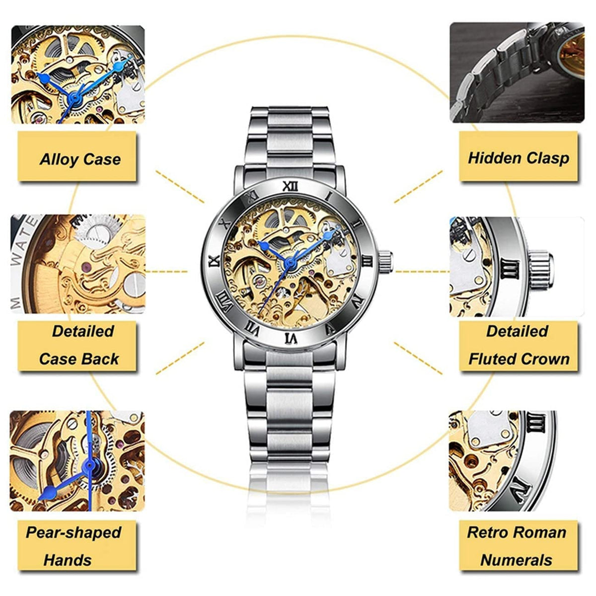 FORSINING Women's Automatic Skeleton Watch – Silver Bracelet