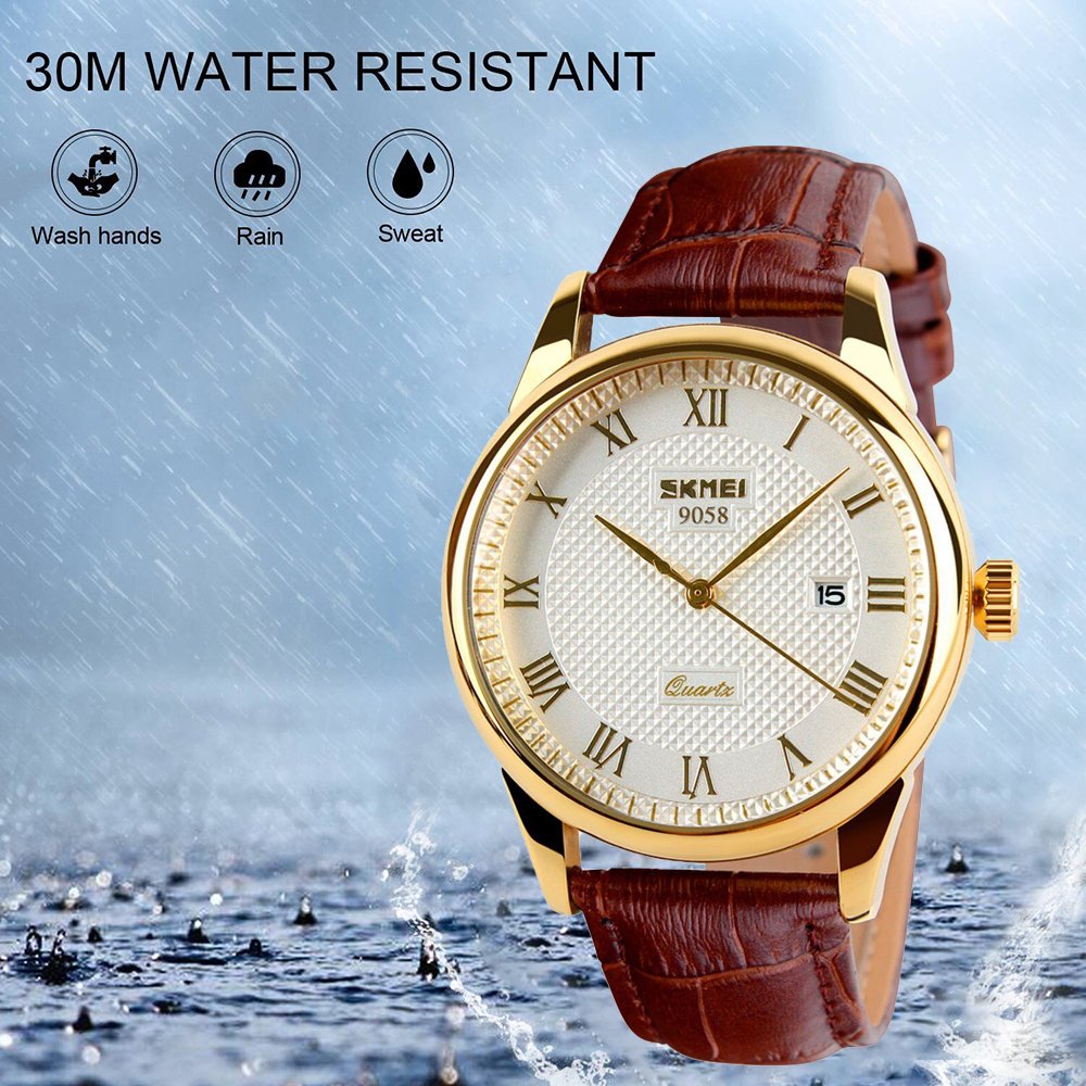 SKMEI Men's Roman-Numeral Quartz Dress Watch – Leather Strap