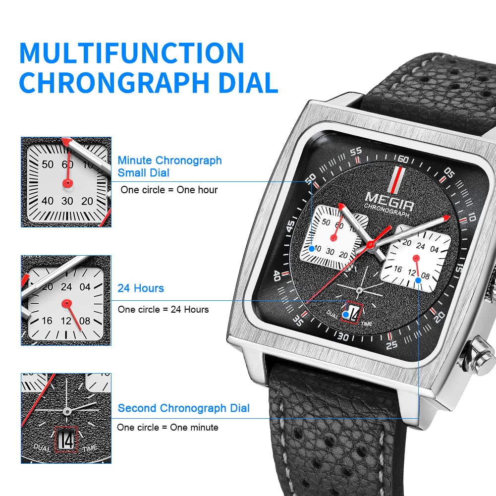MEGIR Men's Square Quartz Chronograph Watch
